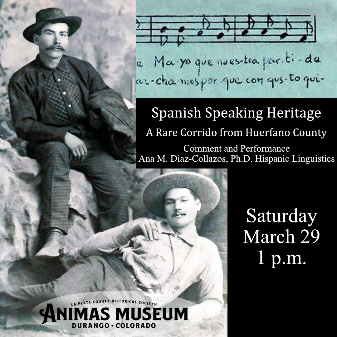 Collage of two men, a bar of music in Spanish. 