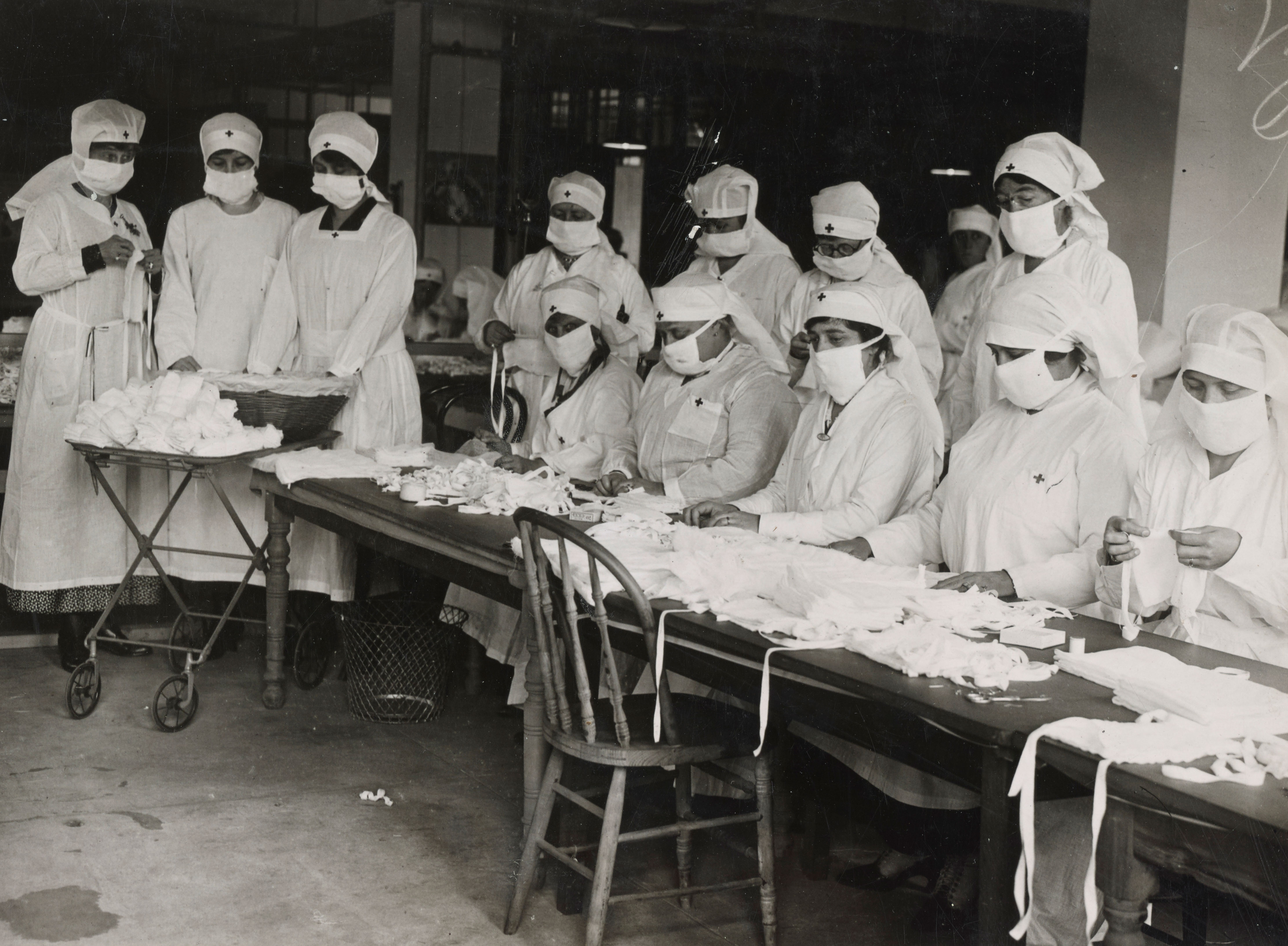 Red Cross Workers making Facemasks