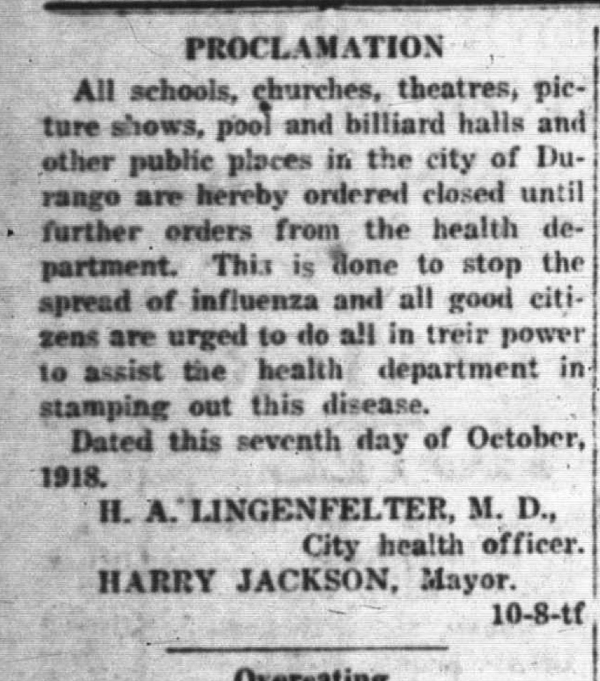 Newspaper Proclamation Closing Durango