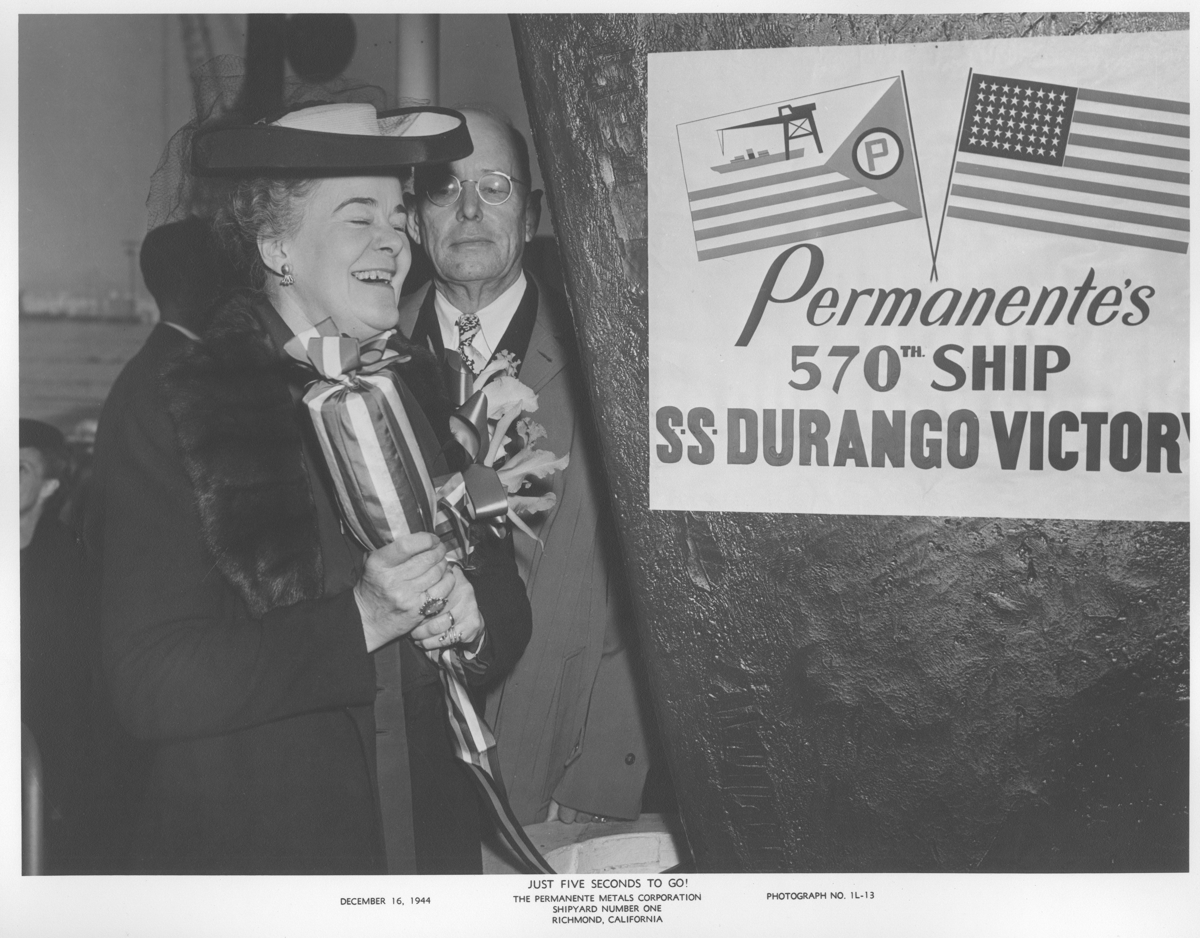 image of Ella Jackson Birkhimer christening the SS Durango Victory