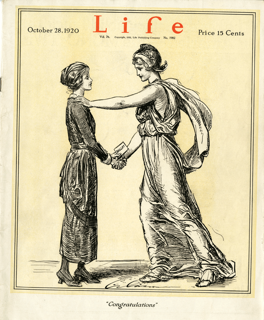 Suffragist shaking hands with Columbia